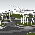 White Metal Flower Shaped Pergola Structures With Circular Bases And Green Lawns