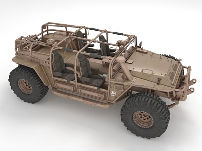 Tan Military Off Road Vehicle With Open Structure And Large Tires 3d model