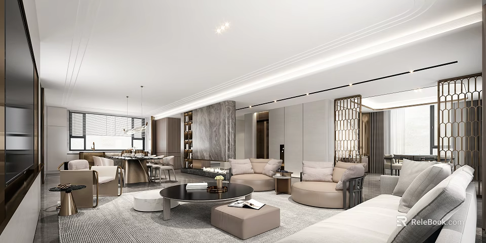 Modern Elegant Living And Dining Room Interior With Sofa Coffee Table Dining Chairs And Lighting 3d model