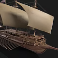 Ancient Wooden Sailing Ship With Three Masts Beige Sails Red Flags And Side Oars