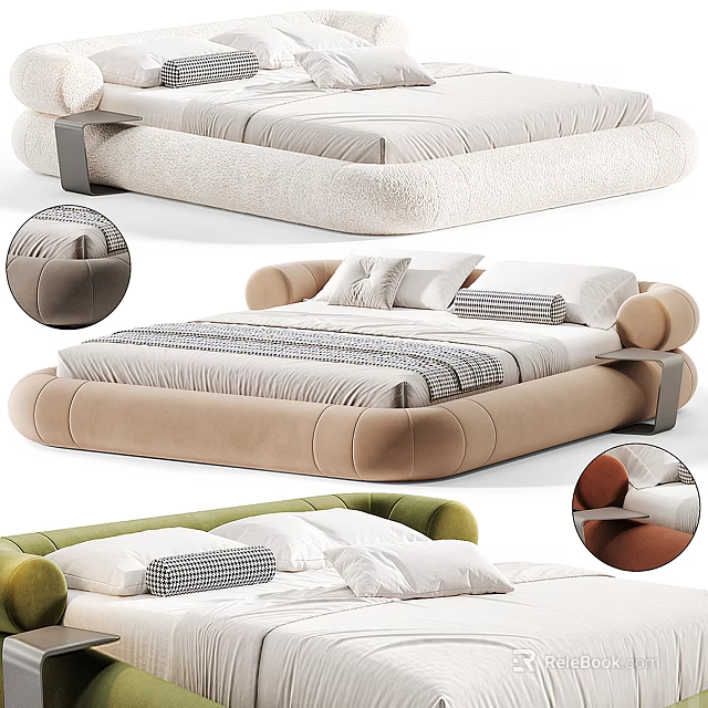 Modern Upholstered Double Bed With Soft Fabric Plush Pillows And Color Options 3d model 
