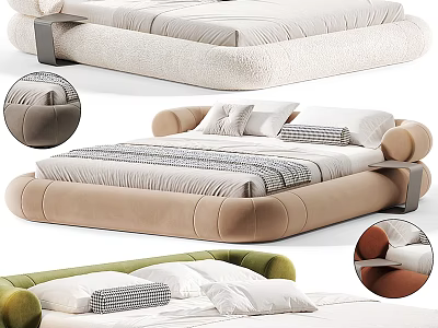 Modern Upholstered Double Bed With Soft Fabric Plush Pillows And Color Options 3d model