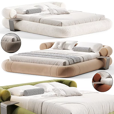 Modern Upholstered Double Bed With Soft Fabric Plush Pillows And Color Options 3d model