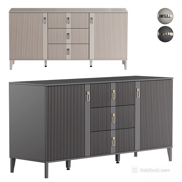 Modern Light And Dark Gray Console Cabinet With Vertical Stripes Metal Handles Drawers And Doors 3d model 