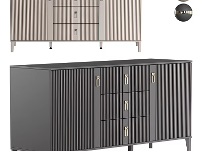 Modern Light And Dark Gray Console Cabinet With Vertical Stripes Metal Handles Drawers And Doors 3d model
