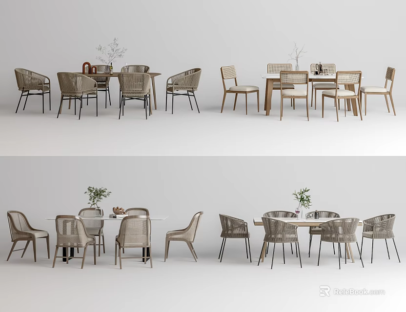 Modern Minimalist Dining Table Set With Matching Chairs And Decorative Vases 3d model