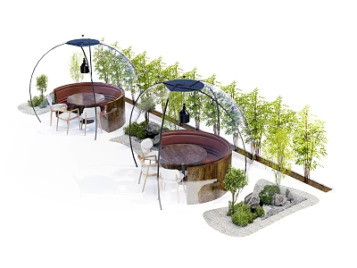 Outdoor Public Seating Area With Transparent Domes Green Plants And Stones 3d model