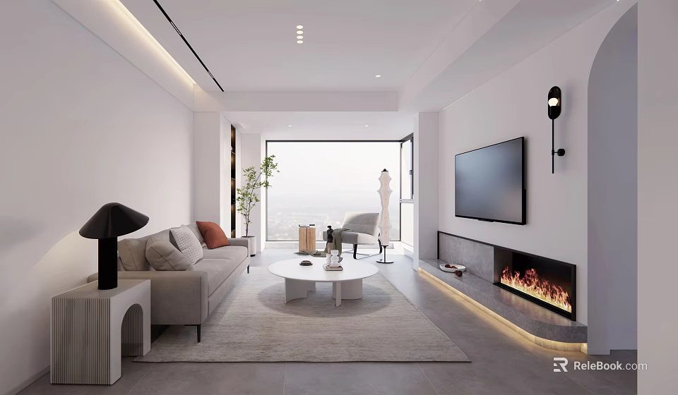 Modern Living Room Interior With Sofa Coffee Table TV Fireplace And Floor to Ceiling Window 3d model 