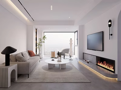 Modern Living Room Interior With Sofa Coffee Table TV Fireplace And Floor to Ceiling Window 3d model