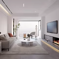 Modern Living Room Interior With Sofa Coffee Table TV Fireplace And Floor to Ceiling Window