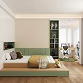 Tatami Bedroom Interior With Green Bed Wooden Floor And White Storage Cabinets