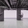 Black Geometric Ceiling Design In Modern Commercial Interior With Spiral Stairs And Columns