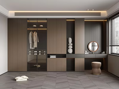 Elegant Modern Wardrobe Interior With Wooden Doors Hanging Space And Mirror 3d model