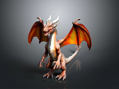 Mythical Dragon With Spread Red Orange Wings White Horns And Scaled Body 3d model