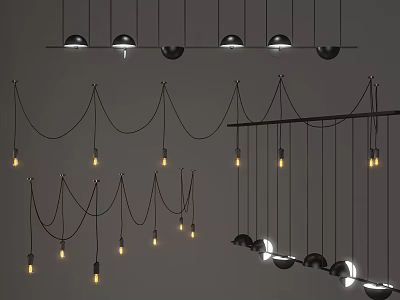 Sleek Modern Pendant Lights With Various Designs Round Shades Slim Hanging Lines And Lit Bulbs 3d model