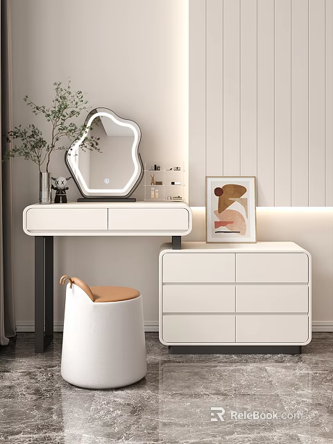 Minimalist Modern Bedroom With White Vanity Decorative Mirror Plant Stool And Chest Of Drawers 3d model 