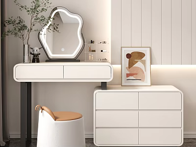 Minimalist Modern Bedroom With White Vanity Decorative Mirror Plant Stool And Chest Of Drawers 3d model