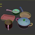Practical Kitchen Cookware Set With Pink Handles Black Bodies And Transparent Lids