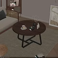 Round Wooden Coffee Table With Black Metal Frame And Decorative Items In Cozy Living Room