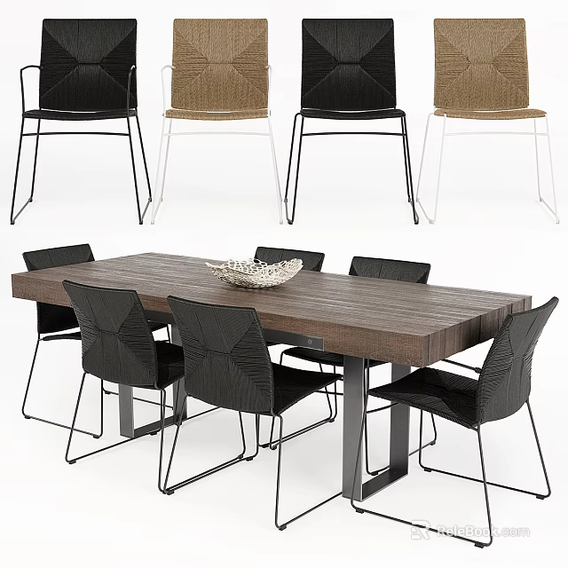 Modern Wooden Dining Table Set With Black Chairs And Metal Frame Design 3d model 