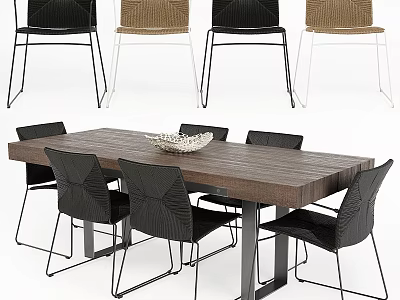 Modern Wooden Dining Table Set With Black Chairs And Metal Frame Design 3d model