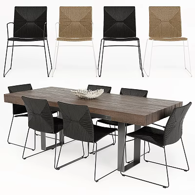 Modern Wooden Dining Table Set With Black Chairs And Metal Frame Design 3d model