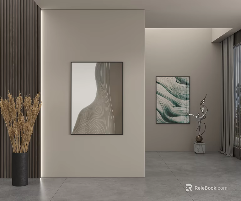 Abstract Paintings As Wall Art In Modern Interior With Natural Decor And Sculpture 3d model 