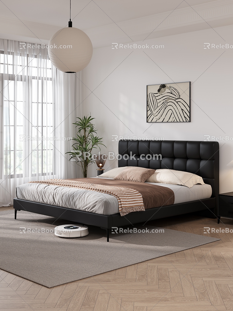 Middle Cream Style Bedroom Double Leather Bed 3d model