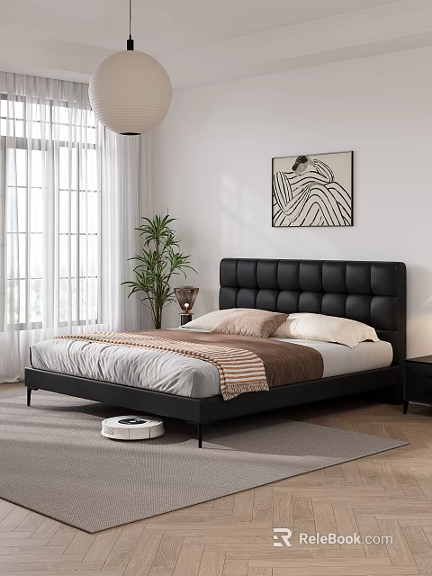 Double Bed With Black Tufted Headboard And Beige Brown Bedding White Curtains Green Plant 3d model 