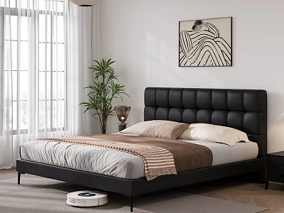 Double Bed With Black Tufted Headboard And Beige Brown Bedding White Curtains Green Plant 3d model