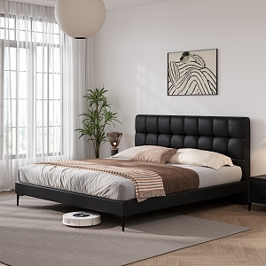 Middle Cream Style Bedroom Double Leather Bed 3d model