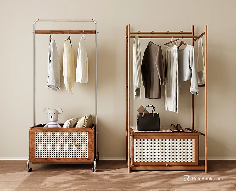 Wooden Floor Standing Clothes Rack with Storage Cabinet and Hanging Clothes 3d model 