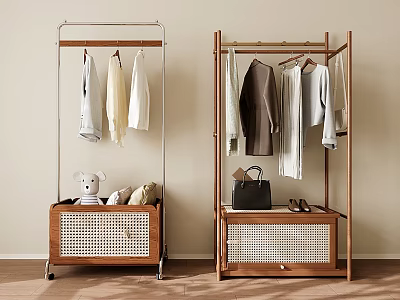 Wooden Floor Standing Clothes Rack with Storage Cabinet and Hanging Clothes 3d model