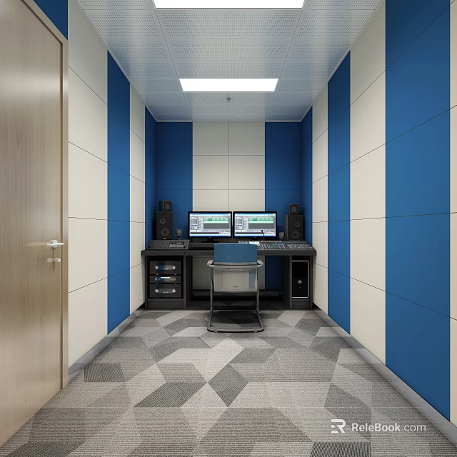 Book Art Studio With Blue White Walls Wooden Door Dual Monitors Speakers And Blue Chair 3d model 