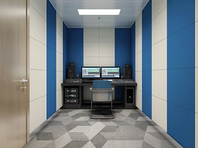 Book Art Studio With Blue White Walls Wooden Door Dual Monitors Speakers And Blue Chair 3d model