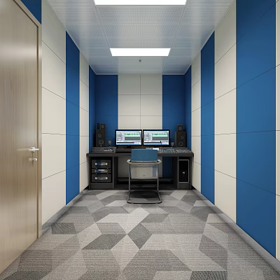 Book Art Studio With Blue White Walls Wooden Door Dual Monitors Speakers And Blue Chair 3d model