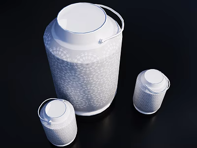 Ceramic Vessels Set With Large And Small Containers White Patterned Design Black Background 3d model