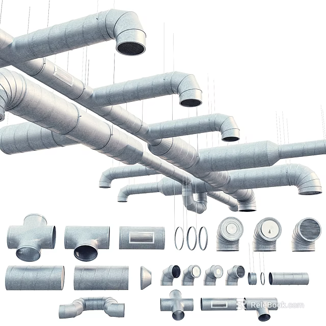 Industrial Metal Pipes With Elbows Flanges And Assorted Fittings Displayed 3d model 