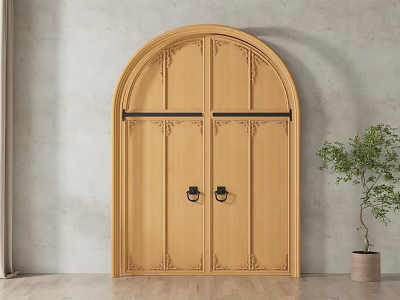 Wooden Double Doors with Arched Top and Carved Details Near Green Plant on Gray Wall 3d model
