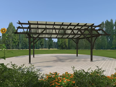 Wooden Pergola With Transparent Roof In Garden Surrounded By Green Grass And Flowers 3d model