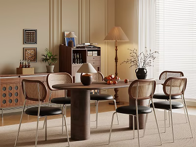 Modern Dining Room Interior With Wooden Table Rattan Chairs Floor Lamp And Potted Plant 3d model