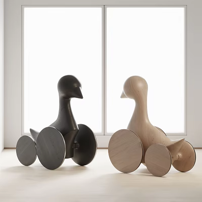 Cute Duck Shaped Wooden Children's Chair With Wheels In Black And Light Wood 3d model