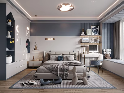 Cozy Modern Kids' Room Interior Design With Comfortable Bed Study Desk And Blue Gray Decor 3d model