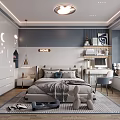 Cozy Modern Kids' Room Interior Design With Comfortable Bed Study Desk And Blue Gray Decor