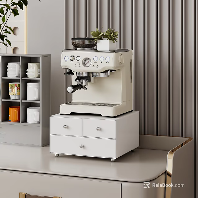 White Modern Storage Shelf In Kitchen Interior With Coffee Machine Plants And Jars 3d model 