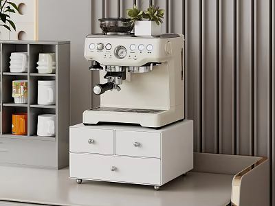 White Modern Storage Shelf In Kitchen Interior With Coffee Machine Plants And Jars 3d model