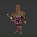A Man In Armor With Wide Brimmed Metal Hat Holding Sword And Skull Shield