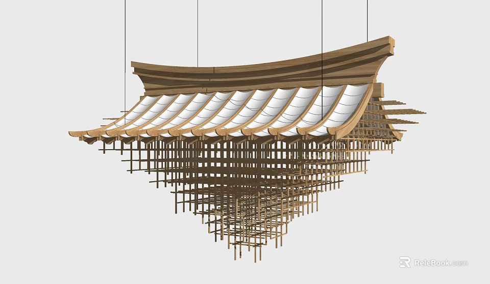 Traditional Chinese Architecture Inspired Wooden Chandelier With Roof Like Design And Hanging Strips 3d model 
