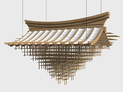 Traditional Chinese Architecture Inspired Wooden Chandelier With Roof Like Design And Hanging Strips 3d model