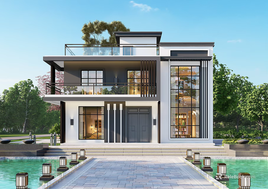 Modern Detached Villa Exterior With Large Windows Glass Balcony And Poolside Lanterns 3d model 